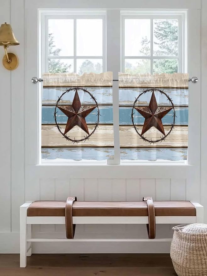 Vintage Western Star on Wood Grain Window Valance Curtains, Retro Wooden Texture Light Filtering Kitchen Valance with 3-inch Rod Pocket for Living Room Bathroom Bedroom,2 Panel,27.5x36In