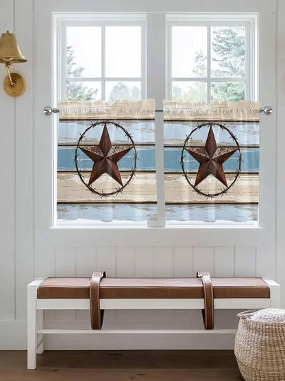 Vintage Western Star on Wood Grain Window Valance Curtains, Retro Wooden Texture Light Filtering Kitchen Valance with 3-inch Rod Pocket for Living Room Bathroom Bedroom,2 Panel,27.5x36In