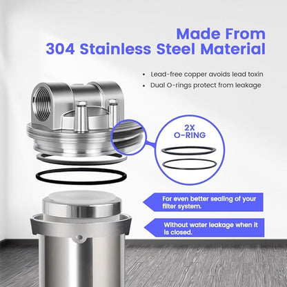 Amwater NSF/ANSI 42 Certification Stainless Steel Filter Housing for 10" Filter Cartridge, 3/4NPT Water Filter Housing, Drain Valve Style C (Square Head)