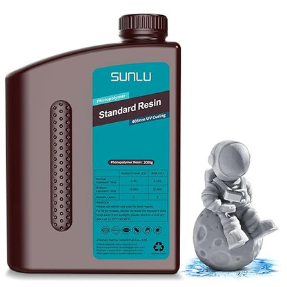 SUNLU 3D Printer Resin 2kg, Fast Curing Standard 3D Resin for LCD DLP SLA Resin 3D Printers, 395 to 405nm UV Curing 3D Printing Liquid Photopolymer Resin, Low Shrinkage, High Precision, 2000g, Grey