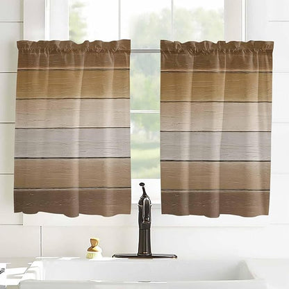 Vintage Brown Gradient Wood Grain Window Valance Curtains, Farmhouse Wood Barn Light Filtering Kitchen Valance with 3-inch Rod Pocket for Living Room Bathroom Bedroom,2 Panel,42x54In