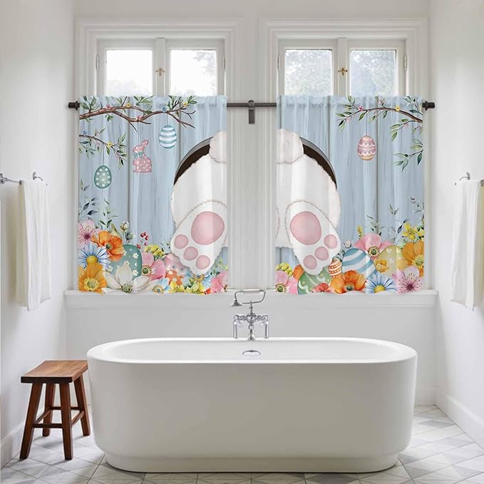 Easter Kitchen Tier Curtains 45 Inch Long 2 Panel Set,Rod Pocket Short Window Treatment,Spring Watercolor Bunny Eggs Flower Wood Grain Blue Light Filtering Curtains & Drapes for Bathroom 27.5"W x 45"L