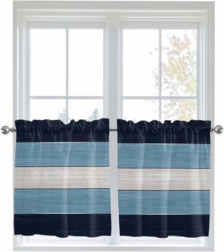 Vintage Country Woodcuts Window Valance Curtains, Blue Gradient Striped Light Filtering Kitchen Valance with 3-inch Rod Pocket for Living Room Bathroom Bedroom,2 Panel,27.5x36In