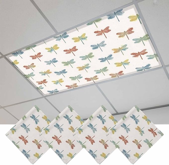 Fluorescent Light Covers for Ceiling Lights Watercolor Dragonfly Magnetic Light Filters 4 Pack 4x2 ft Colorful Linen Ceiling Lights Cover for Classroom Office School Home Drop Lamp Decor