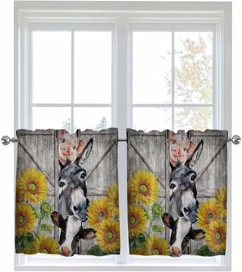 Farmhouse Half Window Curtain 36 Inches Long, Vintage Sunflowers Animals Printed Wood Grain Window Treatment Curtain Drapes, Small Tier Curtains for Bathroom Over Sink, 27.5"x36", 2 Panels