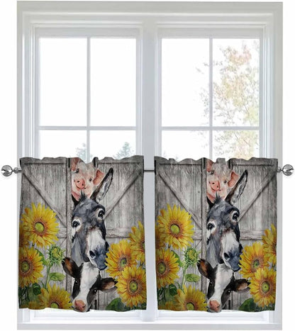 Farmhouse Half Window Curtain 36 Inches Long, Vintage Sunflowers Animals Printed Wood Grain Window Treatment Curtain Drapes, Small Tier Curtains for Bathroom Over Sink, 27.5"x36", 2 Panels