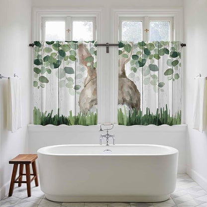 Easter Kitchen Curtains, Country Rabbit Botanical Leaves Wooden Grain Light Filtering Window Curtain Panels, 2Pcs Rod Pocket Window Treatments Set for Study Room Bathroom Bedroom 52x54 Inches