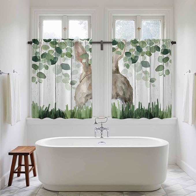 Easter Kitchen Curtains, Country Rabbit Botanical Leaves Wooden Grain Light Filtering Window Curtain Panels, 2Pcs Rod Pocket Window Treatments Set for RV Dining Room Study Room 42x54 Inches