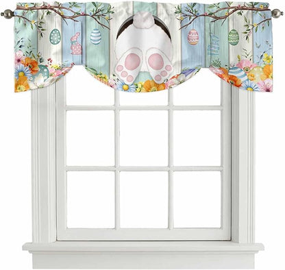 Easter Tie Up Valance Curtains for Windows, Kitchen Curtains Window Shades, Spring Watercolor Bunny Eggs Wood Grain Teal Blue Light Filtering Roman Curtain Valances for Bedroom/Bathroom/Cafe 42"x12"