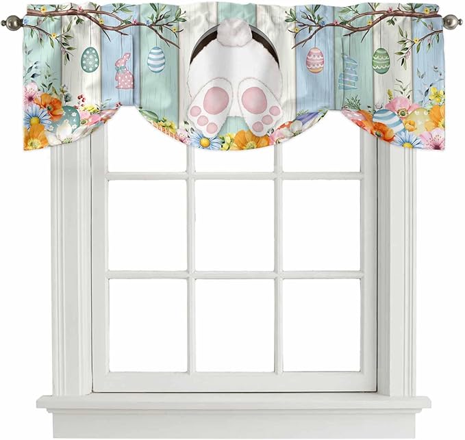 Easter Tie Up Valance Curtains for Windows, Kitchen Curtains Window Shades, Spring Watercolor Bunny Eggs Wood Grain Teal Blue Light Filtering Roman Curtain Valances for Bedroom/Bathroom/Cafe 60"x18"