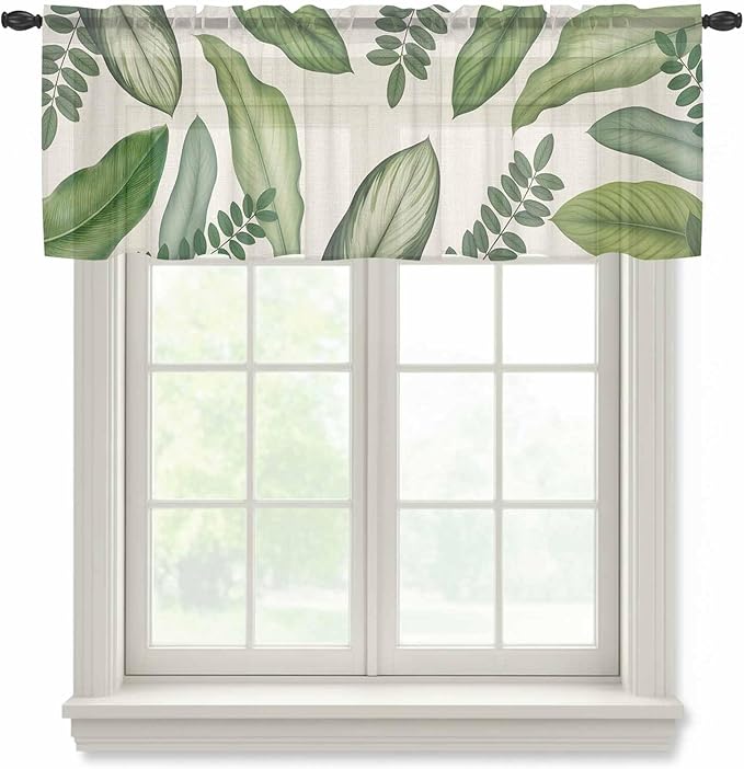 Summer Palm Leaf Sheer Valance Curtains, Green Tropical Plants Nature Leaves Linen Light Filtering Kitchen Valances Rod Pocket Voile Curtain Window Treatment for Bedroom/Living Room/Basement 60Wx18L
