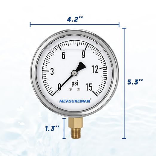 MEASUREMAN Glycerin Filled Plumbing Pressure Gauge 0-15psi Stainless Steel Case, 4" Dial 1/4" NPT Brass Lower Mount, Suitable for Water Systems, Pneumatic Equipment, RVs, Home Plumbing