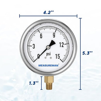 MEASUREMAN Glycerin Filled Plumbing Pressure Gauge 0-15psi Stainless Steel Case, 4" Dial 1/4" NPT Brass Lower Mount, Suitable for Water Systems, Pneumatic Equipment, RVs, Home Plumbing