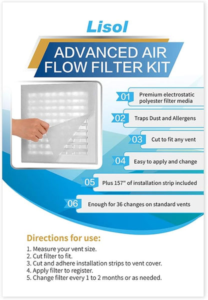Complete Air Vent Filters Kit- 98‘’ x 18'' Electrostatic Media With 157" of Installation Tape 36+ Filters per Roll for HVAC, AC & Heating Intake Registers & Grilles