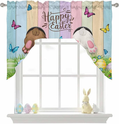 Swag Valance Curtains, Happy Easter Rabbit Butt Egg on Daisy Leaf Rod Pocket Valances Swag Topper for Kitchen Windows, Bufferfly on Wood Barn Light Filtering Short Curtain for Bedroom Bathroom 56x36In