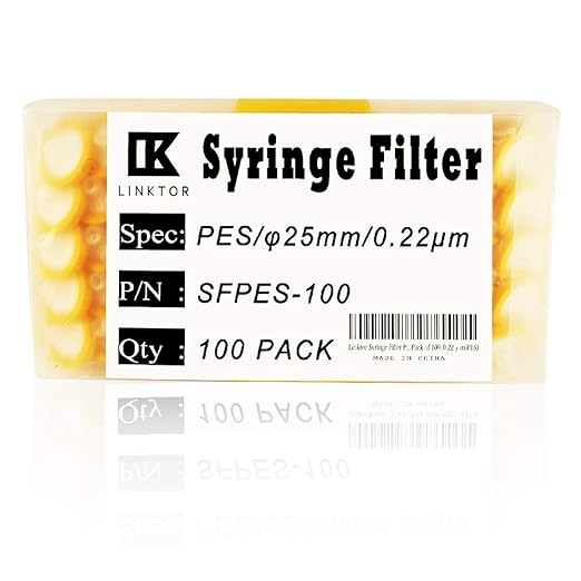 LINKTOR Syringe Filter PES (Polyethersulfone) Hydrophilic Filtration, General Luer Taper 25mm Diameter 0.22 um Pore Size Non Sterile, Pack of 20 (Pack of 100, 0.22μm PES)