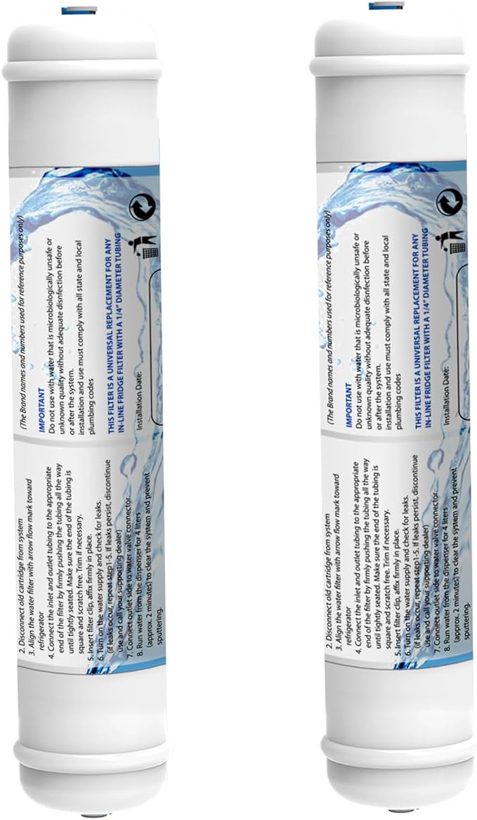Inline Activated Carbon Water Filter, T33 1/4" Quick-Connect Replacement Cartridges for Refrigerator & Ice Maker, Under Sink System, Reverse Osmosis Water System, 2 Pack