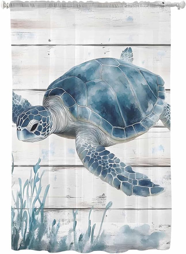 Sheer Curtains 63 Inch Length, Ocean Sea Turtle Semi Sheer Curtains Light Filtering Window Treatment, Coastal Seaweed Vintage Wood Grain Privacy Voile Drapes for Living Room Bedroom 52x63 Inch