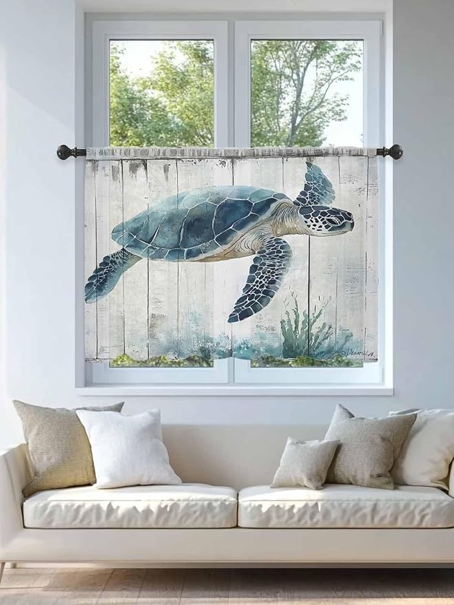 Sheer Curtains 54 Inch Length, Sea Turtle Teal Blue Semi Sheer Curtains Light Filtering Window Treatment, Summer Coastal Ocean Wood Grain Privacy Voile Drapes for Living Room Bedroom 52x54 Inch