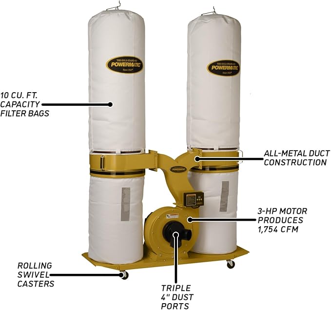 Powermatic TurboCone Dust Collector, 30-Micron Bag Filter, 3 HP, 230V 1Ph (PM1900TX-BK1)