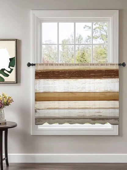 Sheer Curtains 54 Inch Length, Brown Wood Grain Semi Sheer Curtains Light Filtering Window Treatment, Vintage Country Geometric Striped Privacy Voile Drapes for Living Room Bedroom 52x54 Inch