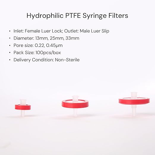 100 Pack Syringe Filter PTFE hydrophilic Lab Filters 0.22μm Pore Size 13mm Diameter Filtration Non-sterile Red