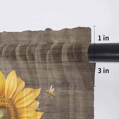 Summer Sunflower Sheer Valance Curtains, Yellow Floral Plants Bees Brown Wood Grain Light Filtering Kitchen Valances Rod Pocket Voile Curtain Window Treatment for Bedroom/Living Room/Basement 42Wx18L