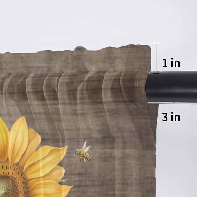 Summer Sunflower Sheer Valance Curtains, Yellow Floral Plants Bees Brown Wood Grain Light Filtering Kitchen Valances Rod Pocket Voile Curtain Window Treatment for Bedroom/Living Room/Basement 60Wx18L