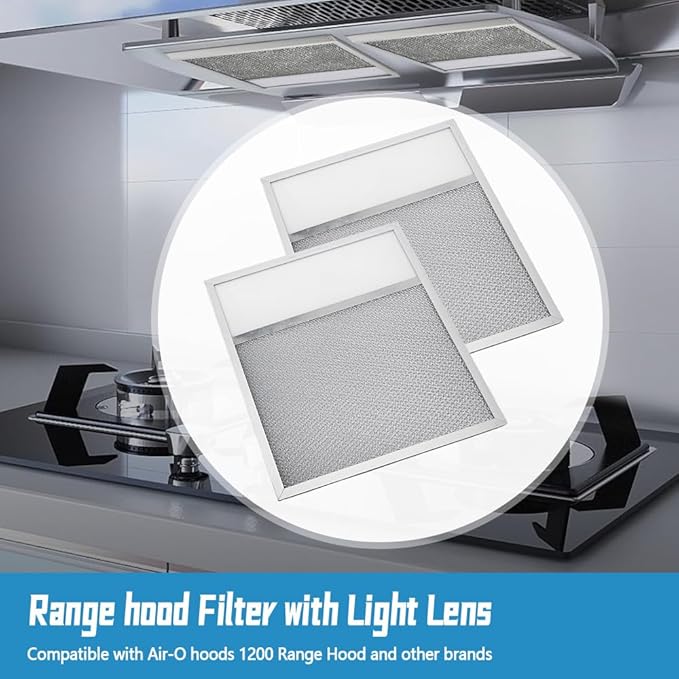 Range Hood Aluminum Grease Filter with Light Lens – 2 Pack, 11 x 12 x 3/8 Inches, Compatible with Air-O Hoods 1200 & Other Brands, Replacement Filters for Kitchen Exhaust Ventilation