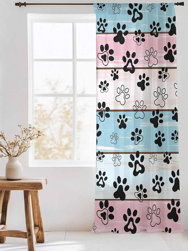 Sheer Curtains 84 Inches Long, Blue Pink Dog Paws Prints Semi Sheer Curtains Light Filtering Window Treatment, Farmhouse Beige Wood Privacy Voile Drapes for Living Room Bedroom 52x84 Inch