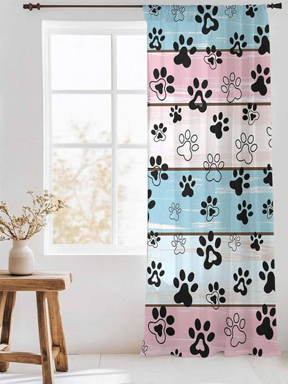 Sheer Curtains 108 Inches Long, Blue Pink Dog Paws Prints Semi Sheer Curtains Light Filtering Window Treatment, Farmhouse Beige Wood Privacy Voile Drapes for Living Room Bedroom 52x108 Inch