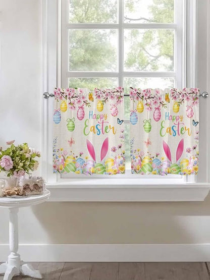 Happy Easter Half Window Curtains 24 Inches Long, Spring Farmhouse Bunny Eggs Flower Beige Window Treatment Curtain Drapes, Short Curtains Tiers for Kitchen Over Sink, 27.5"x24", 2 Panels