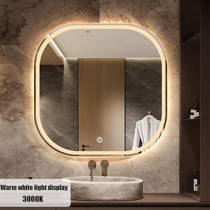 JSLJDM 500X500 mm Illuminated Backlit LED Bathroom Mirror, Wall Mounted Multifunction Bathroom Vanity Mirror with Lights and Demister Pad, Energy-Saving Illuminated Smart Mirror 70cm tricolorlight