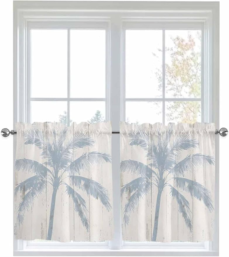 Summer Coconut Tree on Vintage Wood Grain Window Valance Curtains, Seaside Plants Light Filtering Kitchen Valance with 3-inch Rod Pocket for Living Room Bathroom Bedroom,2 Panel,27.5x36In