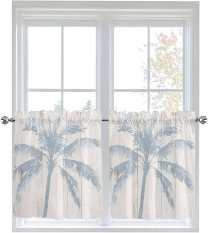 Summer Coconut Tree on Vintage Wood Grain Window Valance Curtains, Seaside Plants Light Filtering Kitchen Valance with 3-inch Rod Pocket for Living Room Bathroom Bedroom,2 Panel,27.5x24In
