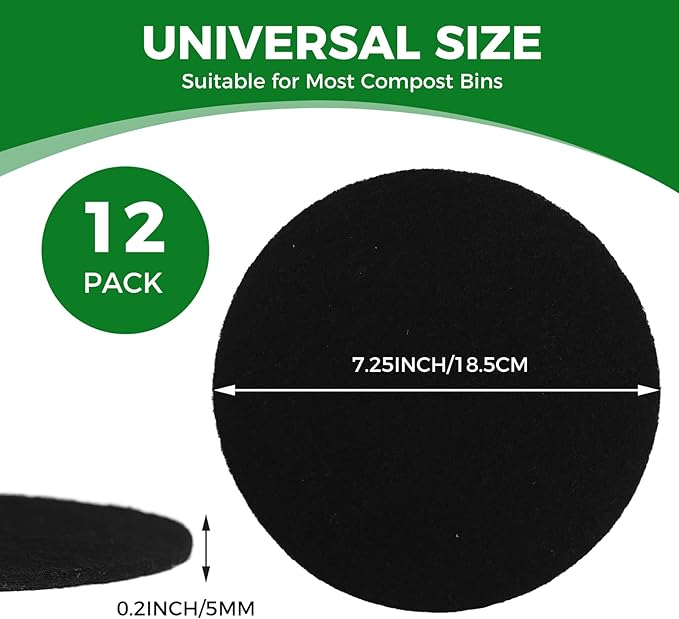 Compost Filters 12-Pack, 7.25 Inch Round Charcoal Filters with Sizing Template for Compost Bin Bucket Countertop Kitchen