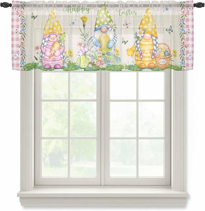 Easter Sheer Valances for Windows 42"x12", Light Filtering Kitchen Curtains Valance, Country Gnomes Duck Floral Eggs Pink Buffalo Check Rod Pocket Chiffon Curtains for Living Room Bedroom Cafe