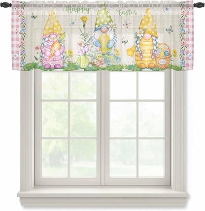 Easter Sheer Valances for Windows 42"x12", Light Filtering Kitchen Curtains Valance, Country Gnomes Duck Floral Eggs Pink Buffalo Check Rod Pocket Chiffon Curtains for Living Room Bedroom Cafe
