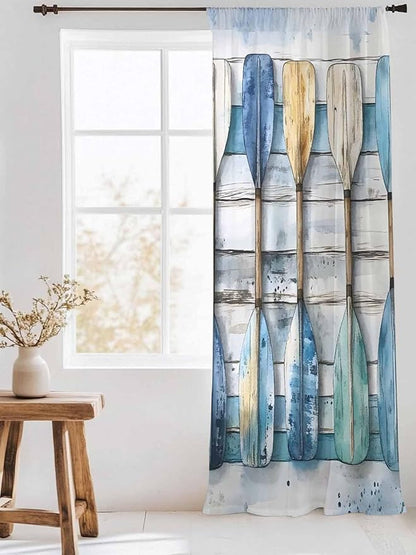 Sheer Curtains 84 Inches Long, Lake Paddle Striped Semi Sheer Curtains Light Filtering Window Treatment, Watercolor Vintage Wood Grain Privacy Voile Drapes for Living Room Bedroom 52x84 Inch