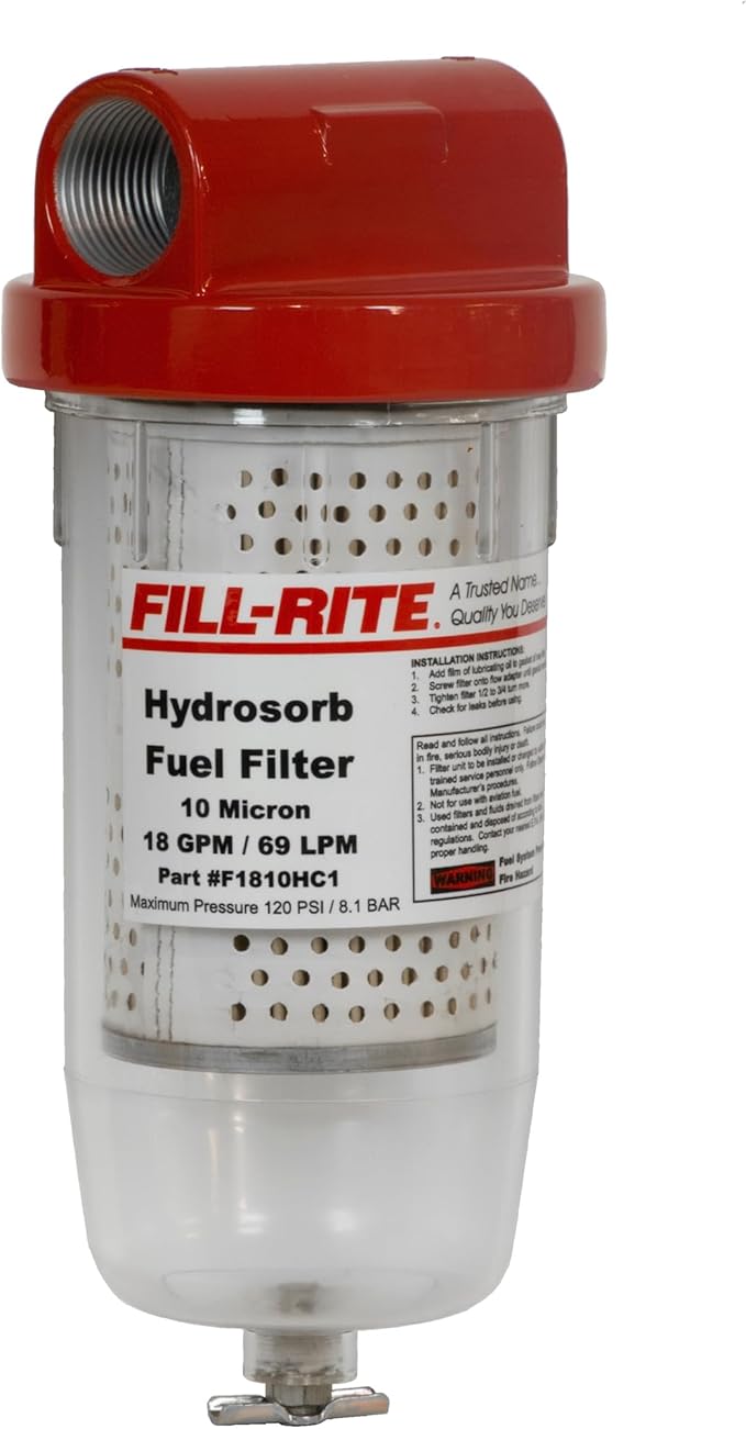 Fill-Rite F1810PC1 1" 18 GPM (68 LPM) 10 Micron Particulate Fuel Filter with Drain (Clear Bowl)