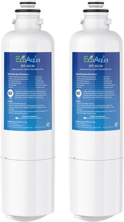 EcoAqua 11032531 Replacement for Bosch® Ultra Clarity® Pro BORPLFTR50, 12033030, 11025825, BORPLFTR55, B36CD50SNS, B36CT80SNS, B36CL80ENS, B36FD50SNS, WFC100MF, Refrigerator Water Filter, 2 Filters