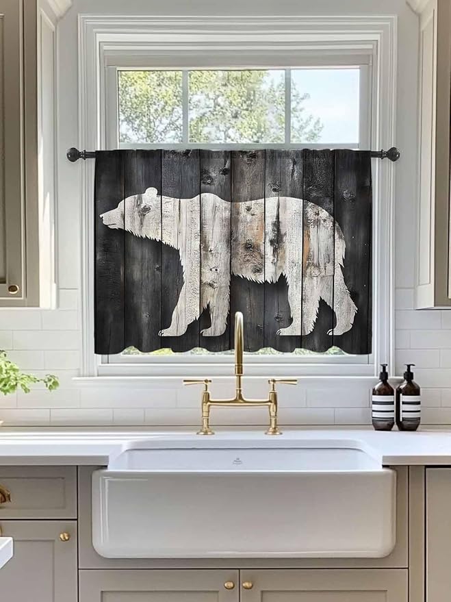Sheer Curtains 45 Inch Length, White Brown Bear Semi Sheer Curtains Light Filtering Window Treatment, Farmhouse Country Vintage Wood Grain Privacy Voile Drapes for Living Room Bedroom 52x45 Inch
