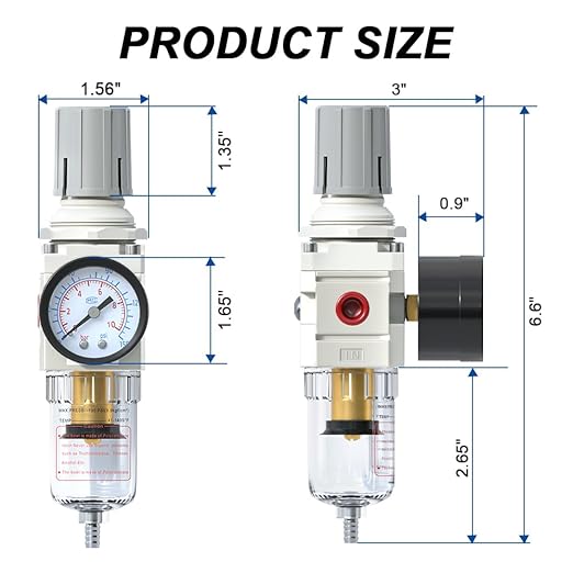 AIRZOE 1/4"NPT Air Filter Regulator Combo Piggyback,5 Micron Brass Element, Semi-Auto Drain,Air Pressure Regulator AW2000-02,0-150 psi Gauge