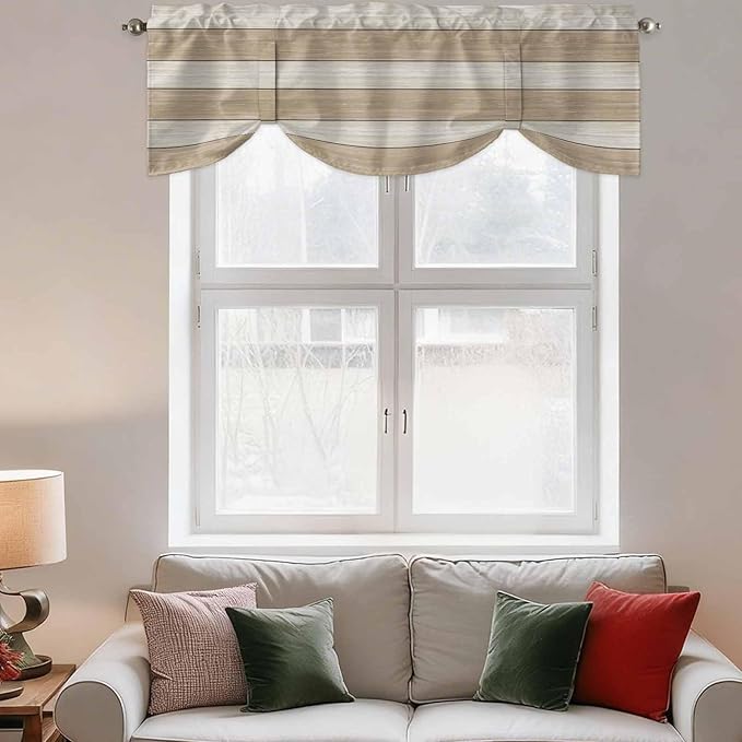 Brown Ombre Wooden Tie Up Valance Curtains for Windows, Kitchen Curtains Window Shades, Farmhouse Retro Khaki Wood Light Filtering Roman Curtain Valances for Bedroom/Bathroom/Cafe 54"x18"