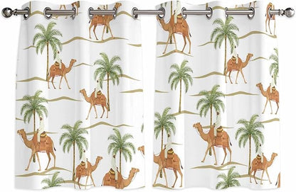 2 Panel Kitchen Cafe Curtains, Desert Camels Sunlight Filtering Nature Air Through, Home Decor Window Covering Tier Curtains for Bedroom Living Room 104W x 52L inch Tropical Date Palm Trees Animal