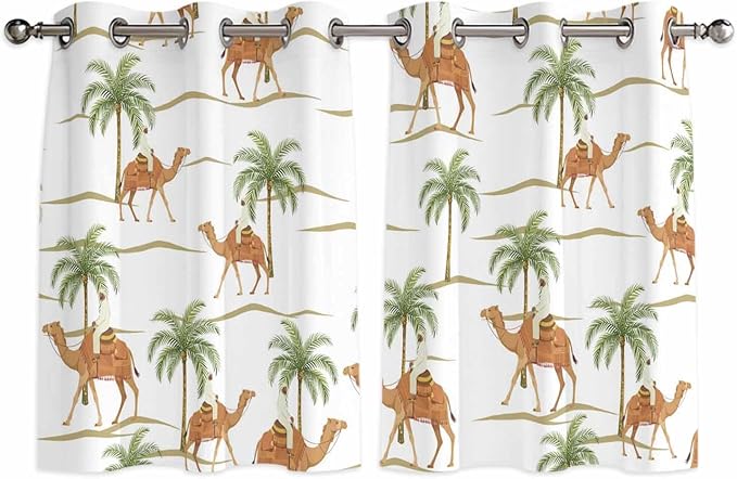 2 Panel Kitchen Cafe Curtains, Desert Camels Sunlight Filtering Nature Air Through, Home Decor Window Covering Tier Curtains for Bedroom Living Room Tropical Date Palm Trees Animal