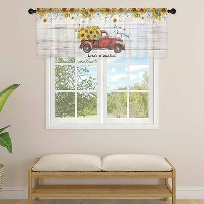 Farmhouses Sunflowers Sheer Valance Curtains, Retro Floral Leaves Red Truck Wood Grain Light Filtering Kitchen Valances Rod Pocket Voile Curtain Treatment for Bedroom/Living Room/Basement 60Wx18L