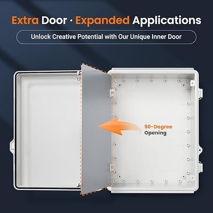 QILIPSU Waterproof Junction Box IP67 Outdoor Plastic Electrical Project Enclosure Weatherproof with Inner Door, Mounting Plate, Wall Brackets, Hinged Grey Cover 16.1"x12.2"x7.1" -D
