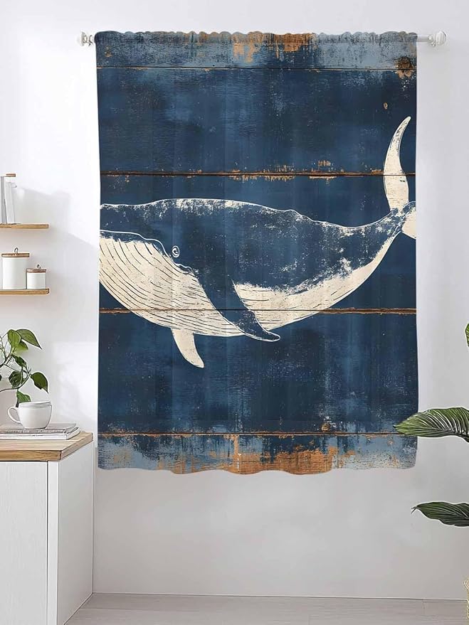 Sheer Curtains 63 Inch Length, Summer Whale Blue Semi Sheer Curtains Light Filtering Window Treatment, Coastal Ocean Vintage Wooden Grain Privacy Voile Drapes for Living Room Bedroom 52x63 Inch