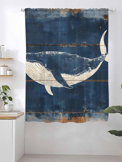 Sheer Curtains 63 Inch Length, Summer Whale Blue Semi Sheer Curtains Light Filtering Window Treatment, Coastal Ocean Vintage Wooden Grain Privacy Voile Drapes for Living Room Bedroom 52x63 Inch